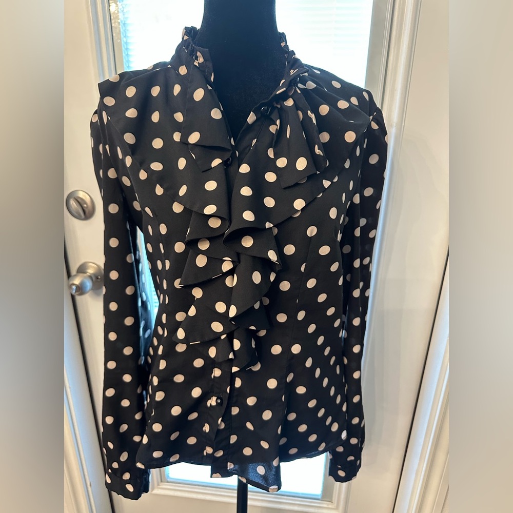 Polka Dot Ruffle Blouse - Black and Beige